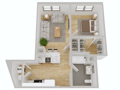 A top-down view of a modern apartment layout with a living room, kitchen, dining area, and bedrooms.